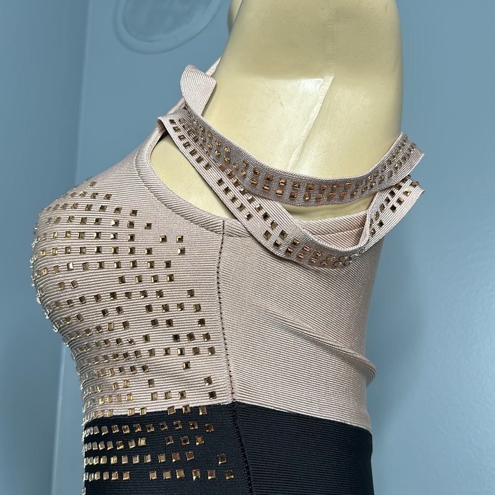Tan&black midi bodycon dress, crystal embellished sleeveless size XS - Picture 6 of 11